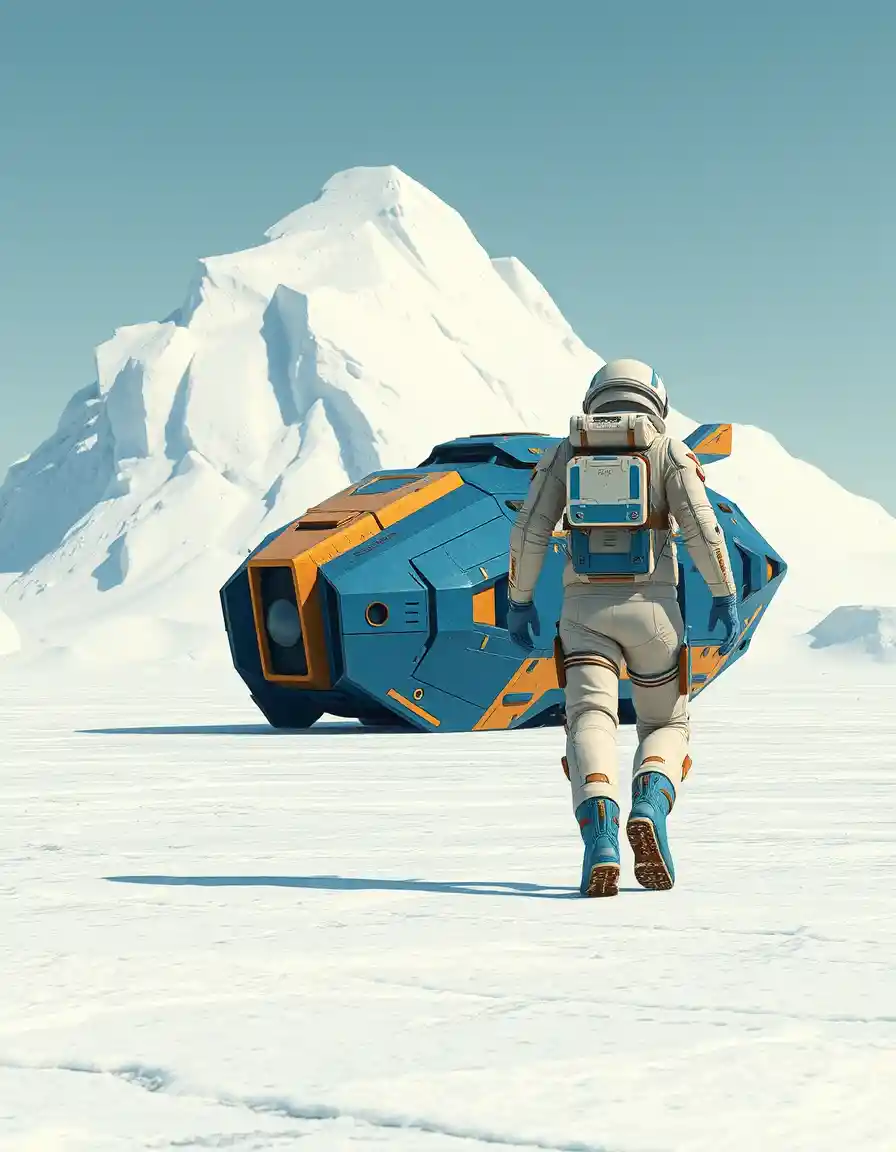 Astronaut Walking Across Vast Frozen Alien Landscape