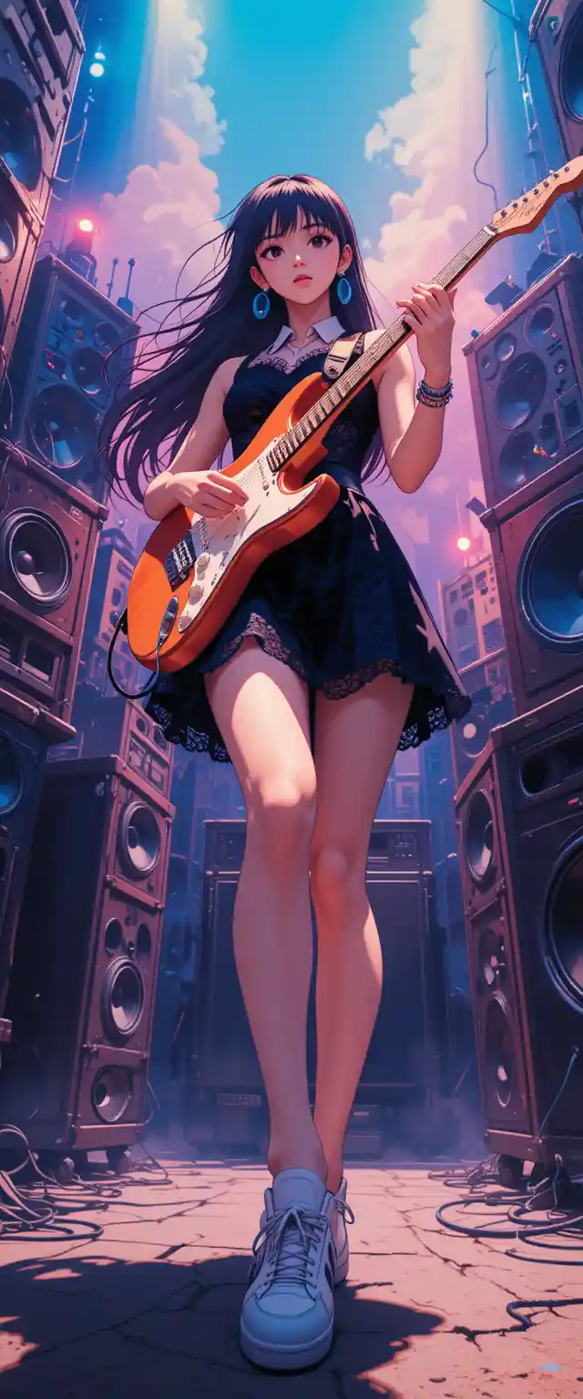Anime girl with guitar in dynamic low angle view