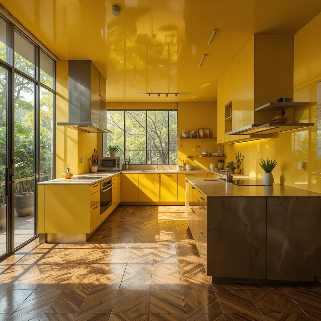 Modern Brazilian kitchen with warm wooden floor design