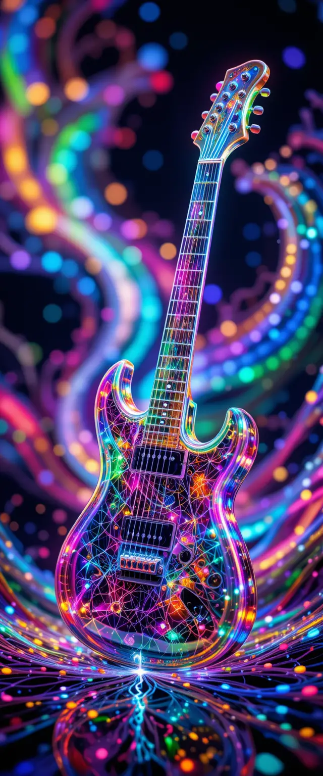 Crystal Electric Guitar In Colorful Neon Abstract Swirls