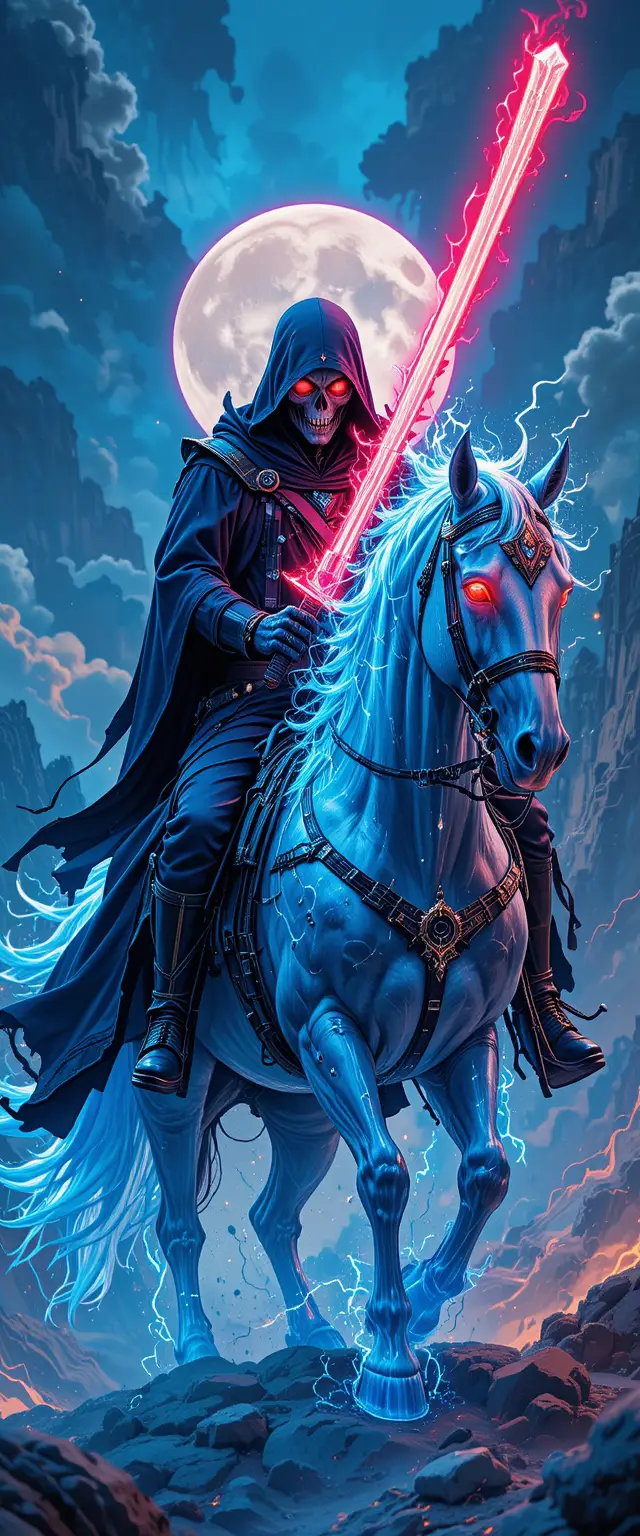 Grim reaper swordsman riding a neon blue fire horse