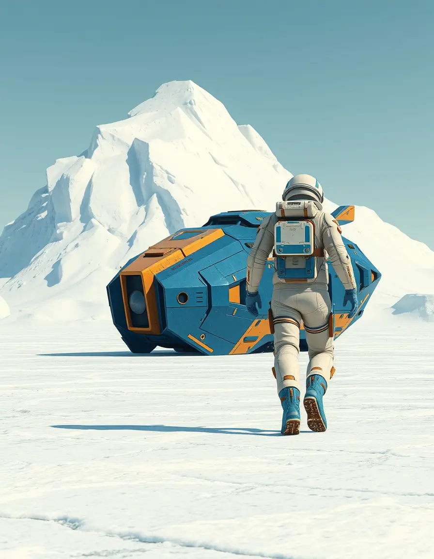 Astronaut Walking Across Vast Frozen Alien Landscape