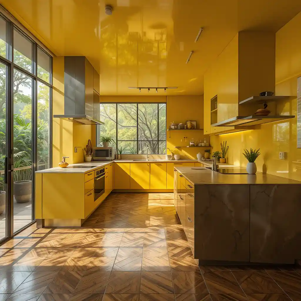 Modern Brazilian kitchen with warm wooden floor design