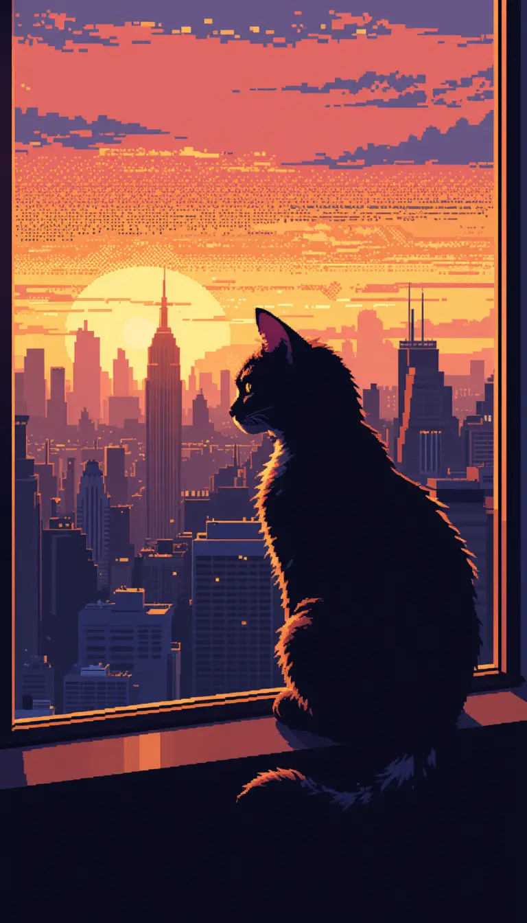 Pixel art tabby cat on city windowsill at sunset