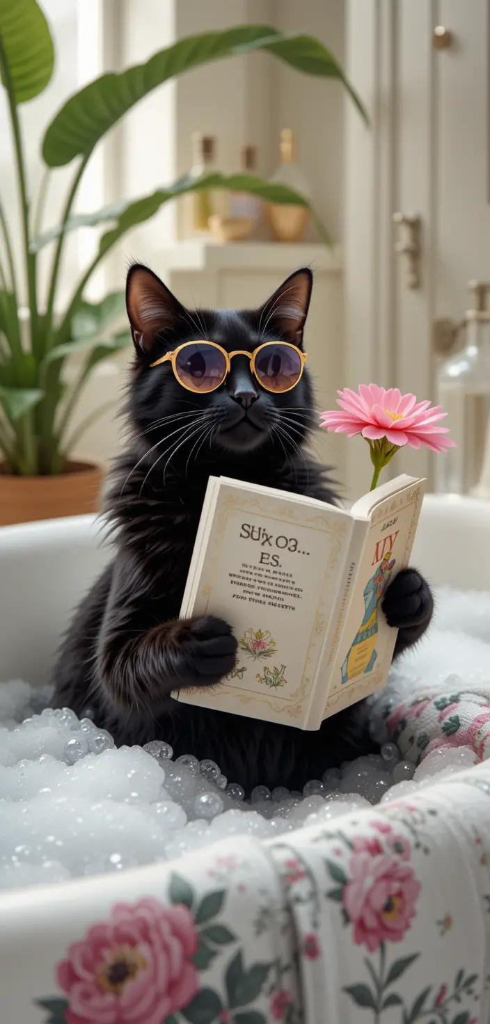 Happy black cat relaxing in a bubble bath indoors