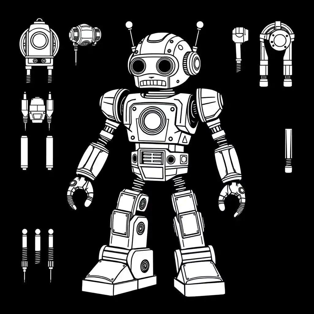 Retro robot line art coloring page with modular parts