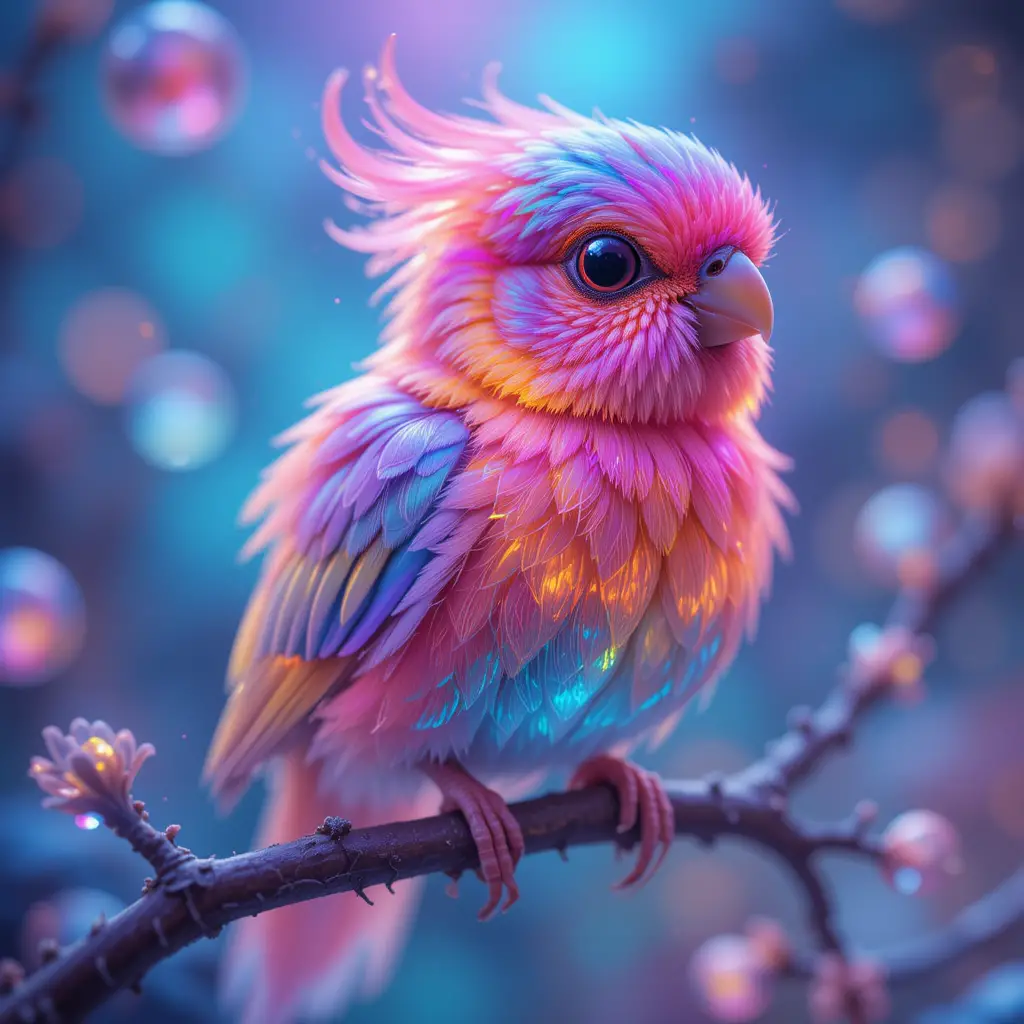 Colorful psychedelic lovebird glowing in abstract neon space