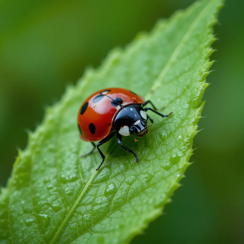 Close up ladybug resting on a vibrant green leaf