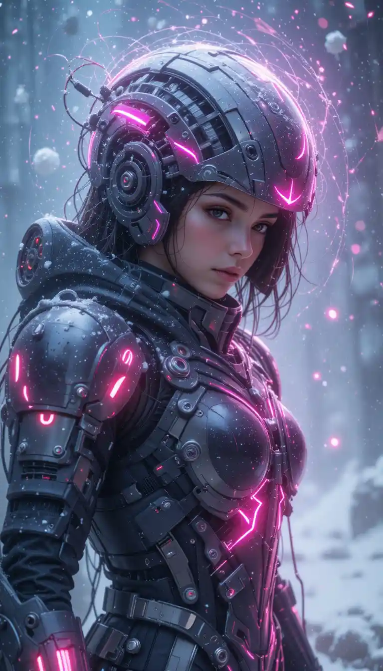 Cyberpunk armored girl in a neon blizzard scene