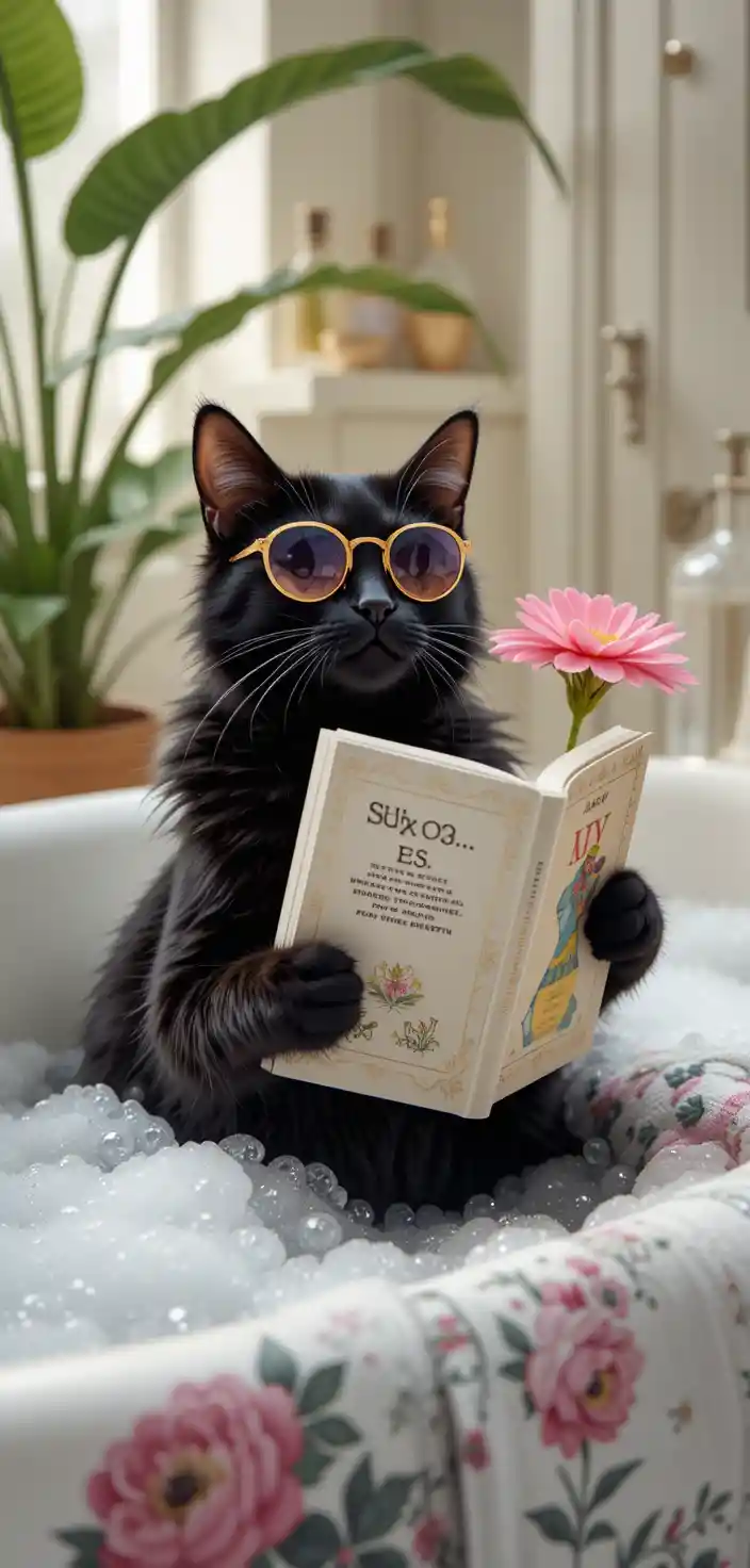 Gatto nero felice che si rilassa in un bagno di schiuma al chiuso