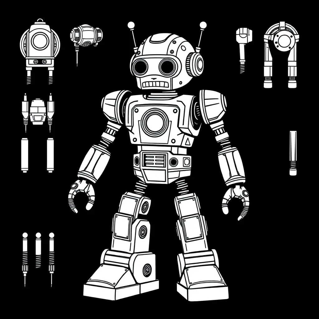 Retro robot line art coloring page with modular parts
