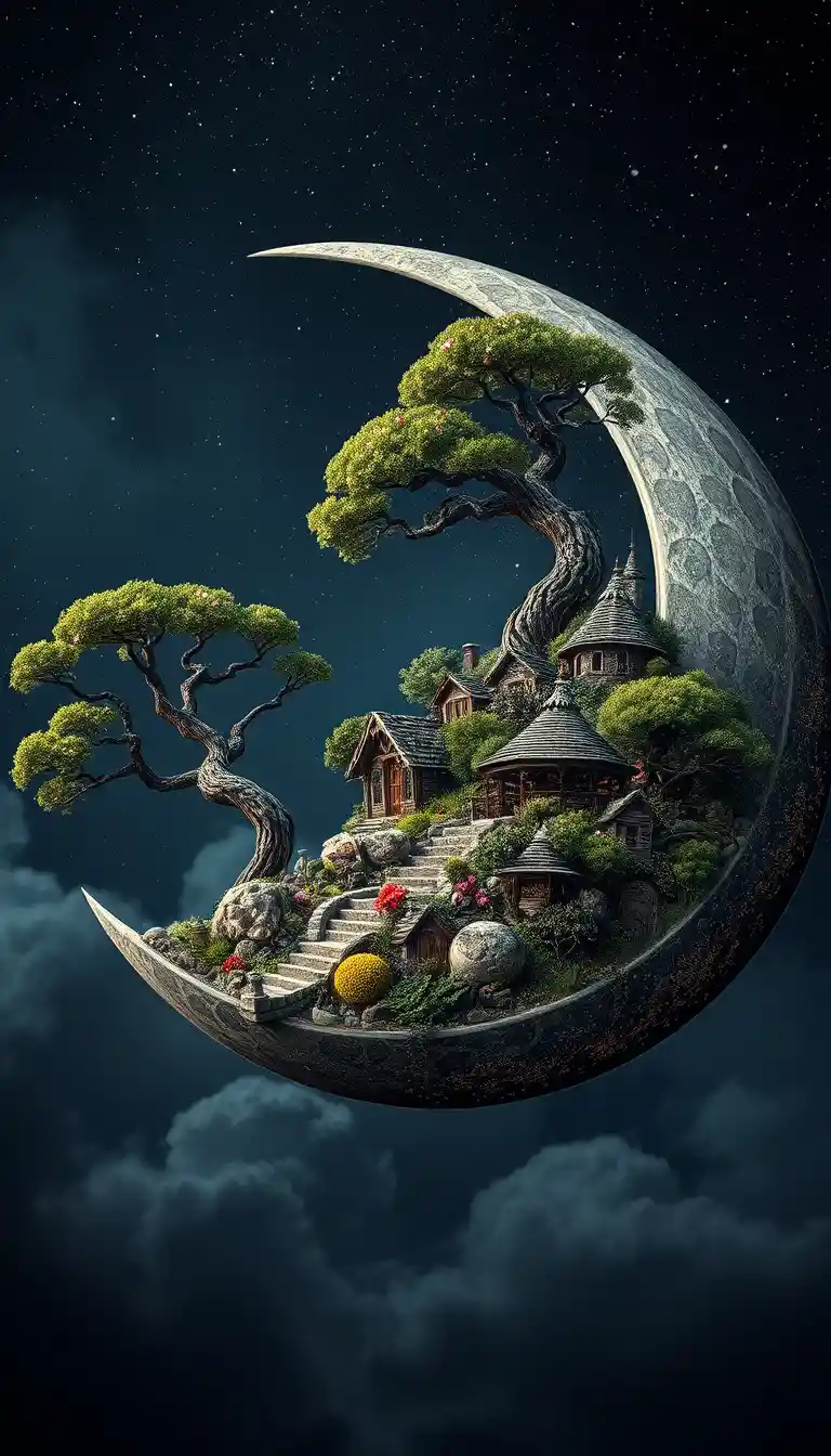 Surreal garden on the crescent moon with bonsai trees