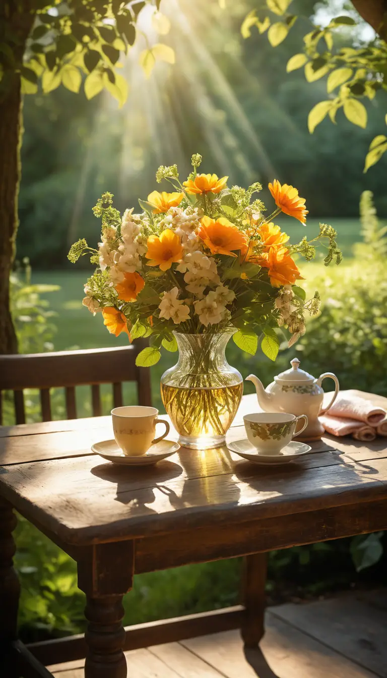 Summer flowers and tea on a rustic wooden table