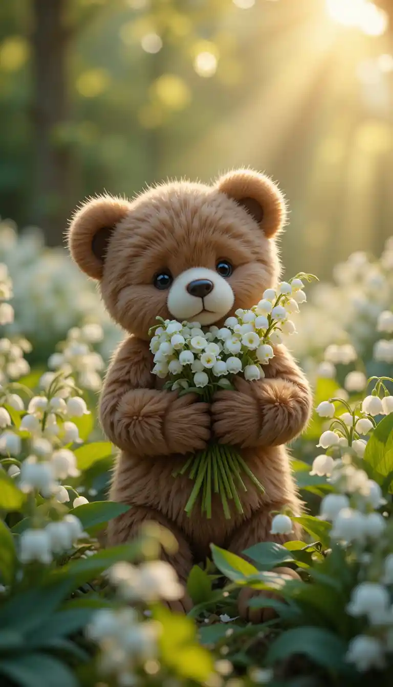 Cute teddy bear with lily of the valley in garden
