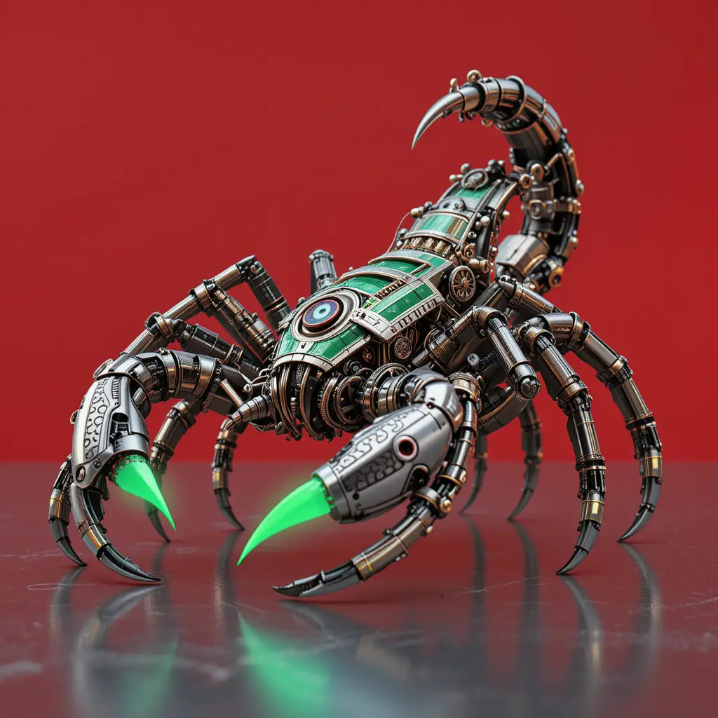 Escorpião mecânico steampunk sobre superfície refletiva