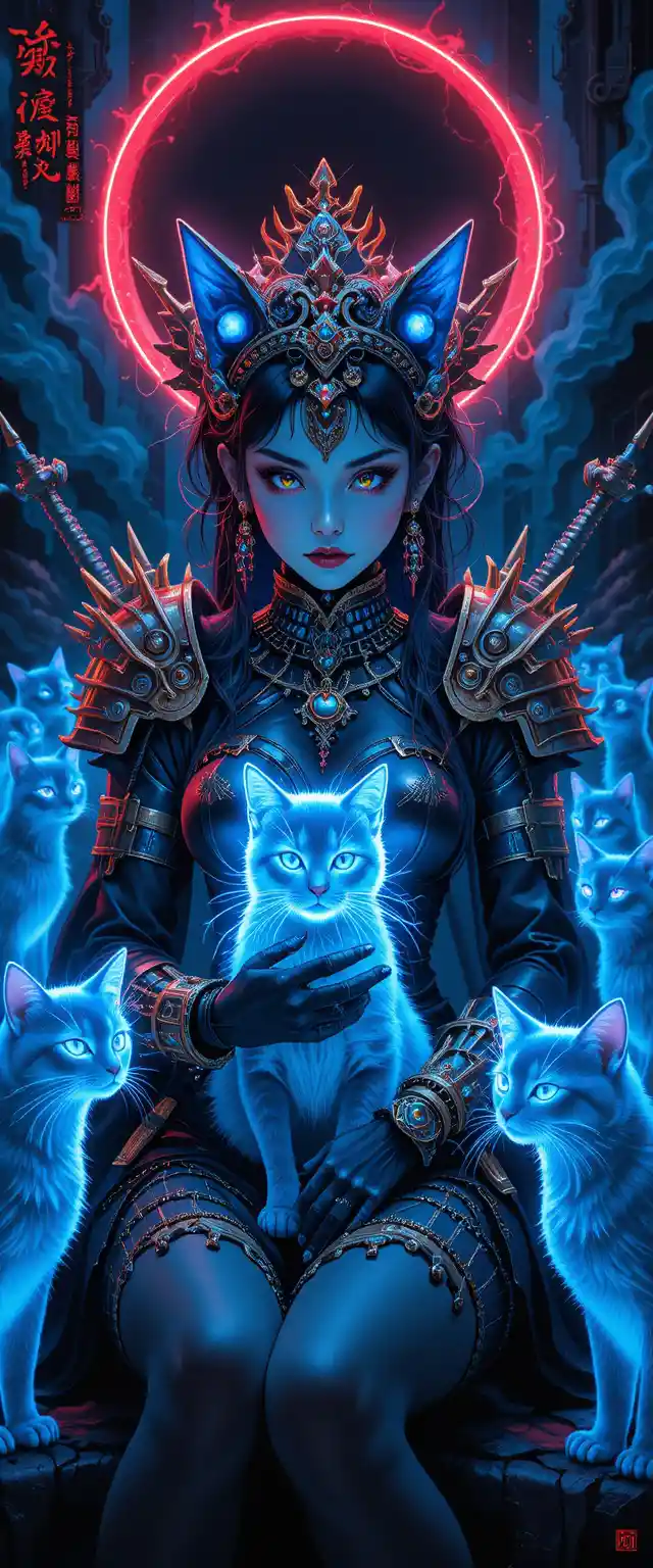 Neon armored catwoman with glowing electric cats
