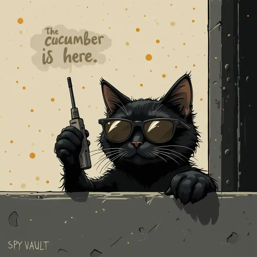 Black cat spy parody with tiny sunglasses and mic