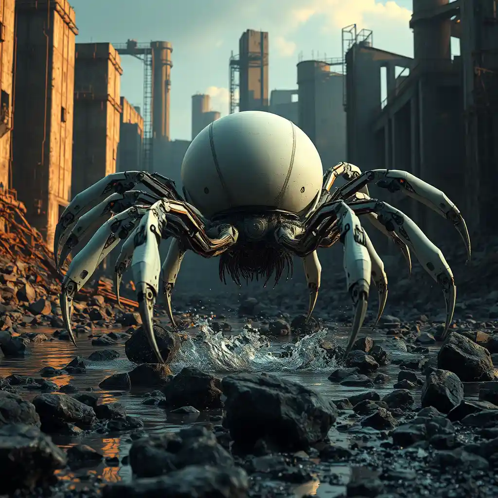 Mechanical Creature Above Desolate Industrial Ruins At Night