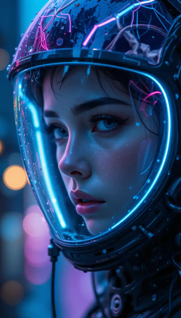 Cyberpunk woman in helmet with neon rain visor