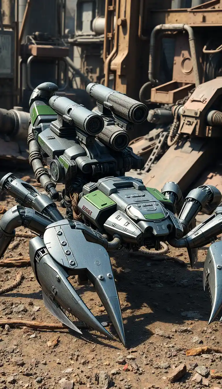Robot Scorpione Meccanico in un Crudo Campo di Battaglia Industriale