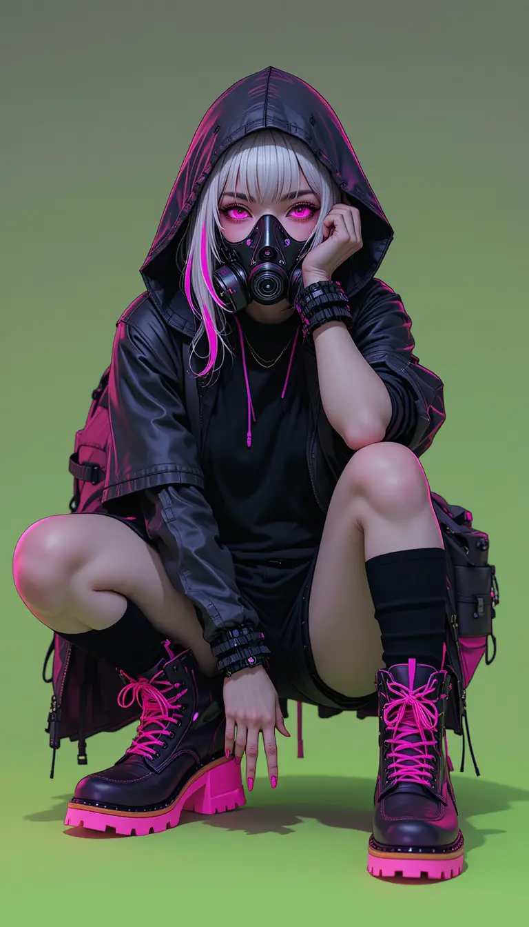 Rebellious anime girl in gas mask on neon green