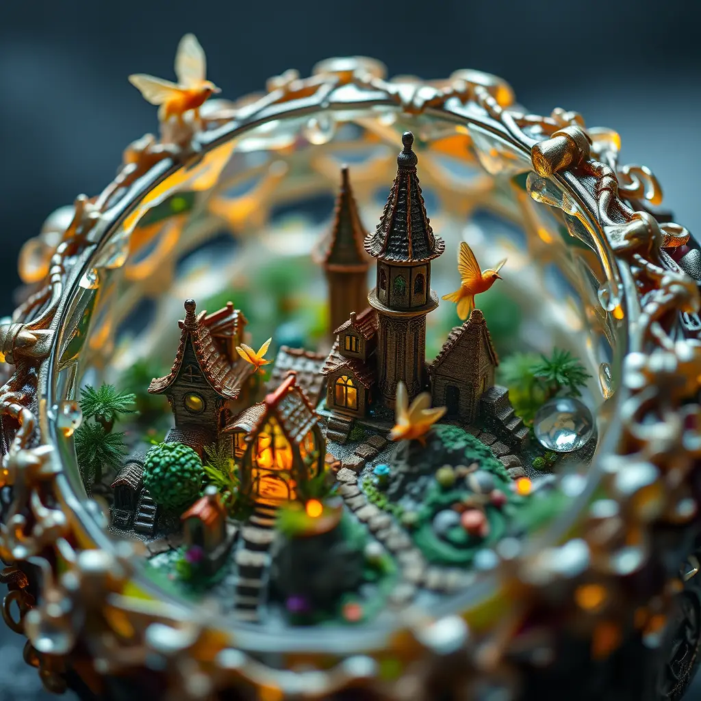 Macro fantasy village inside an ornate resin ring
