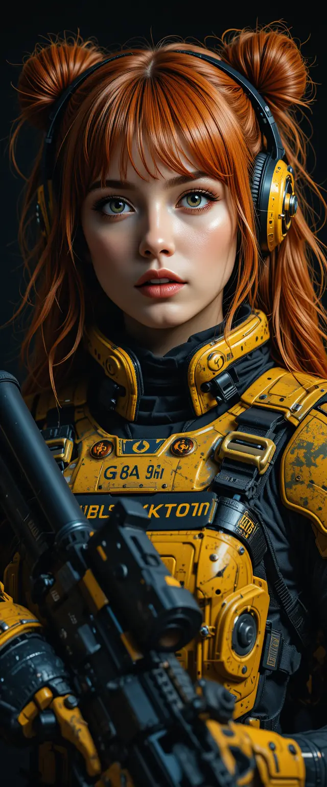 Low angle sci fi woman with rifle in combat suit