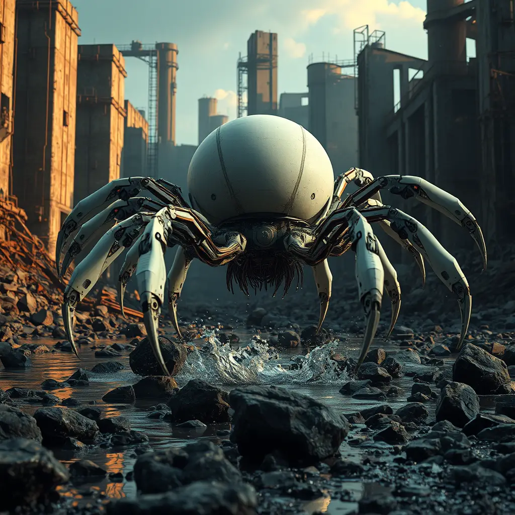 Mechanical Creature Above Desolate Industrial Ruins At Night