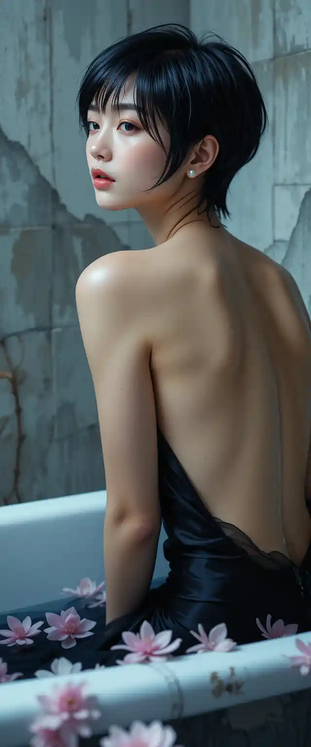 Mannequin japonaise en robe de satin près d’une baignoire vintage