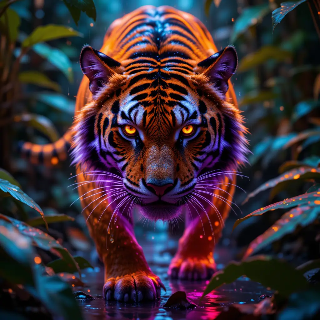 Neon tiger prowling through glowing rainforest at night
