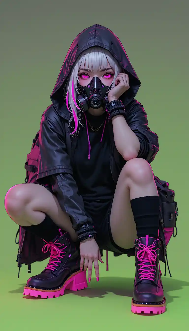 Rebellious anime girl in gas mask on neon green