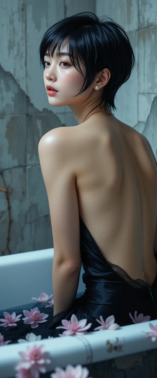 Japanese model in satin gown beside vintage bathtub