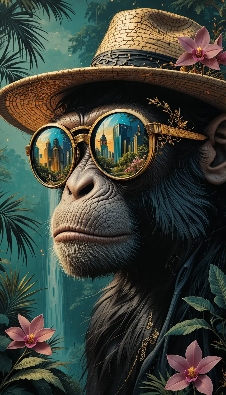 Double exposure close up monkey with neon sunglasses