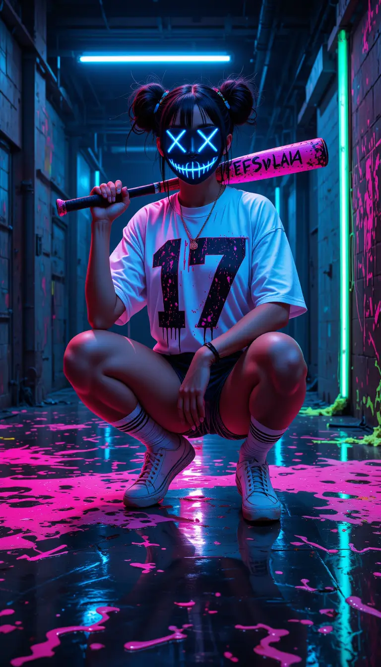 Masked woman with neon bat in dark industrial room