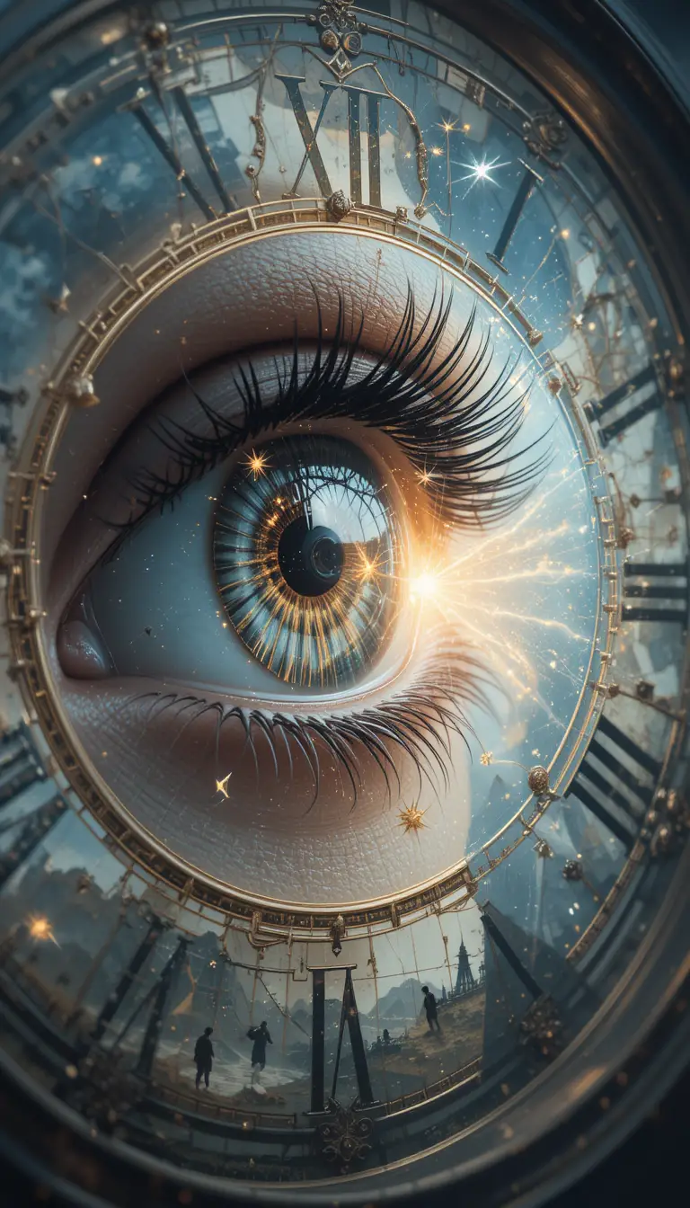 Surreal eye framed by a fragmented clock face