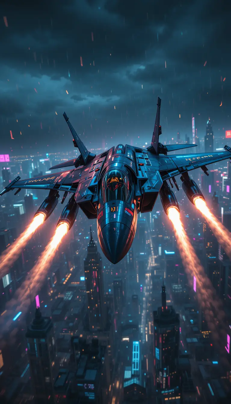 Cyberpunk fighter jet launching missiles over neon city