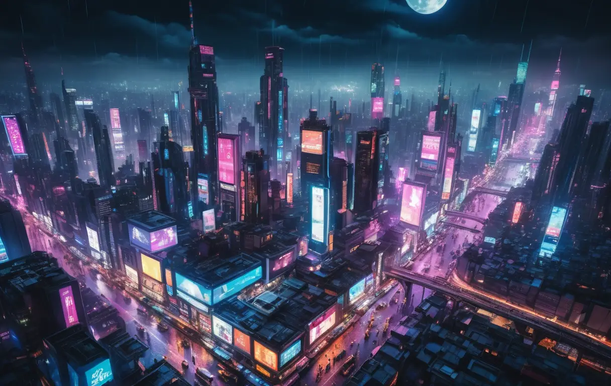 Futuristic Neon City With Flying Cars In The Rain