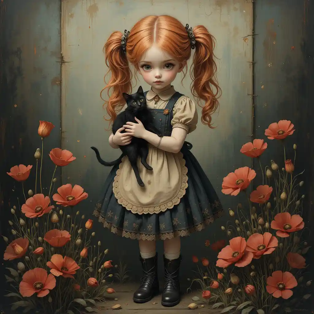 Fantasy girl holding a black cat in dreamy poppy field