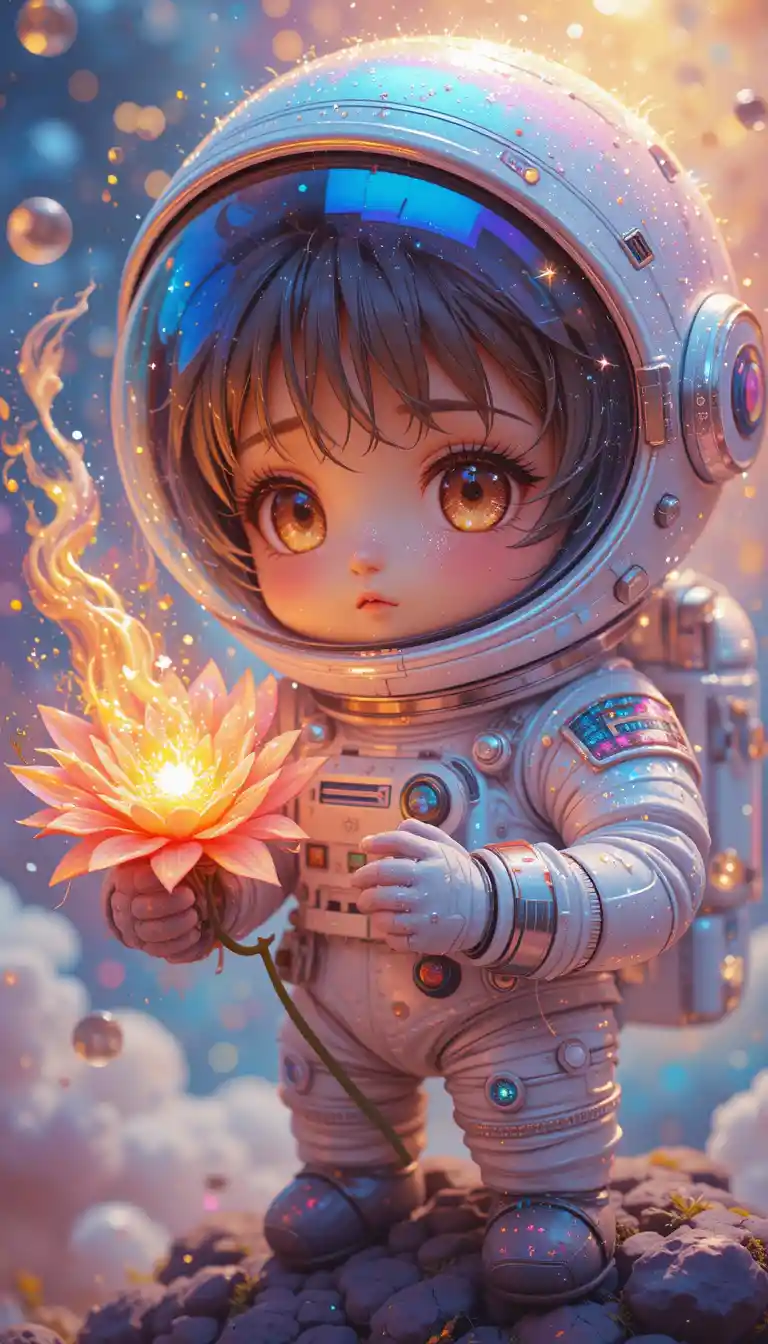 Cute Astronaut Holding A Glowing Fiery Flower Painting