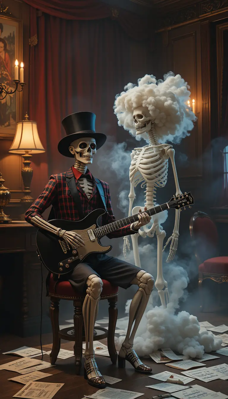 Skeleton guitarist and smoky spirit in a vintage lounge
