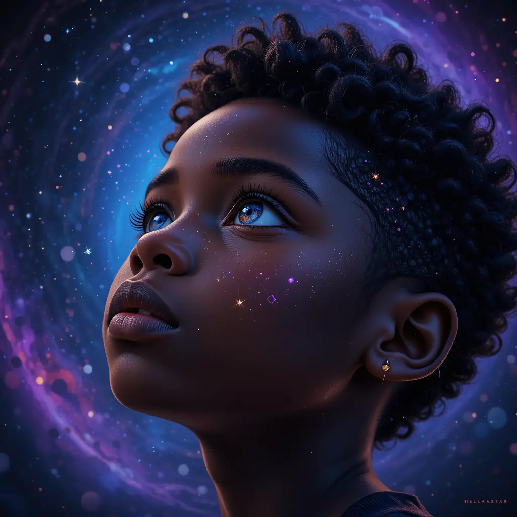 Black boy gazing up at a dreamy cosmic sky