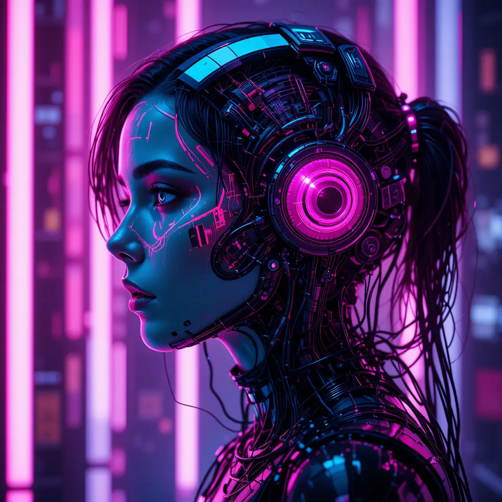Futuristic cyberpunk female cyborg in neon profile portrait
