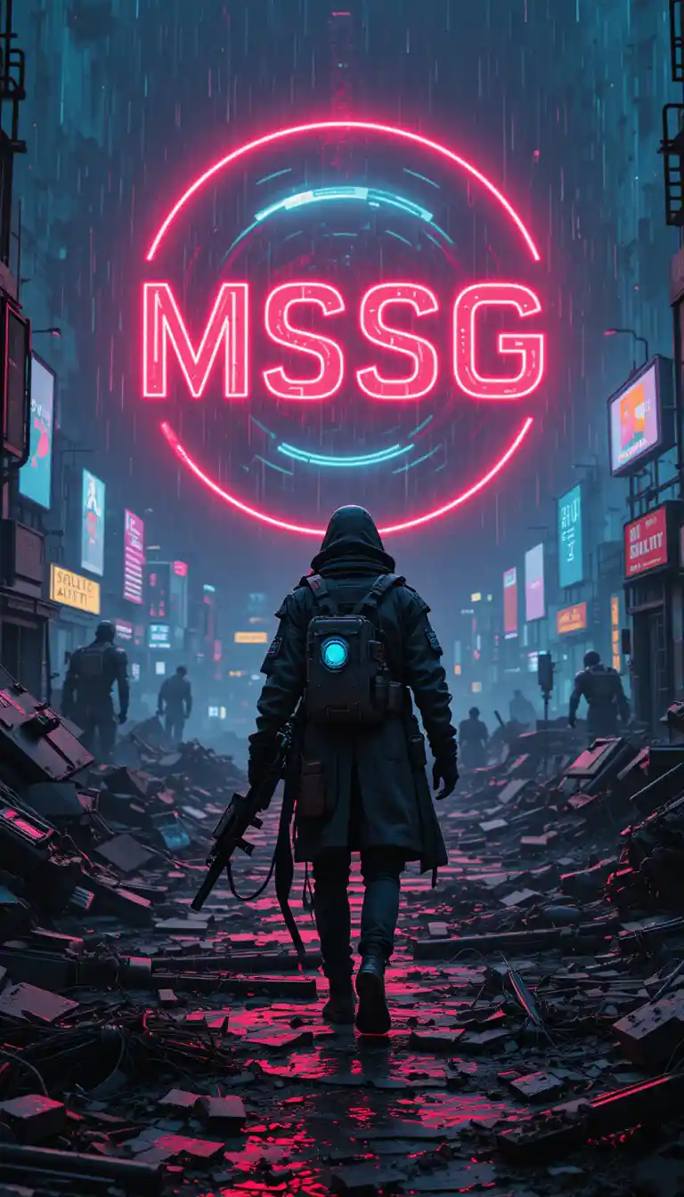 Lone survivor in a ruined cyberpunk wasteland city