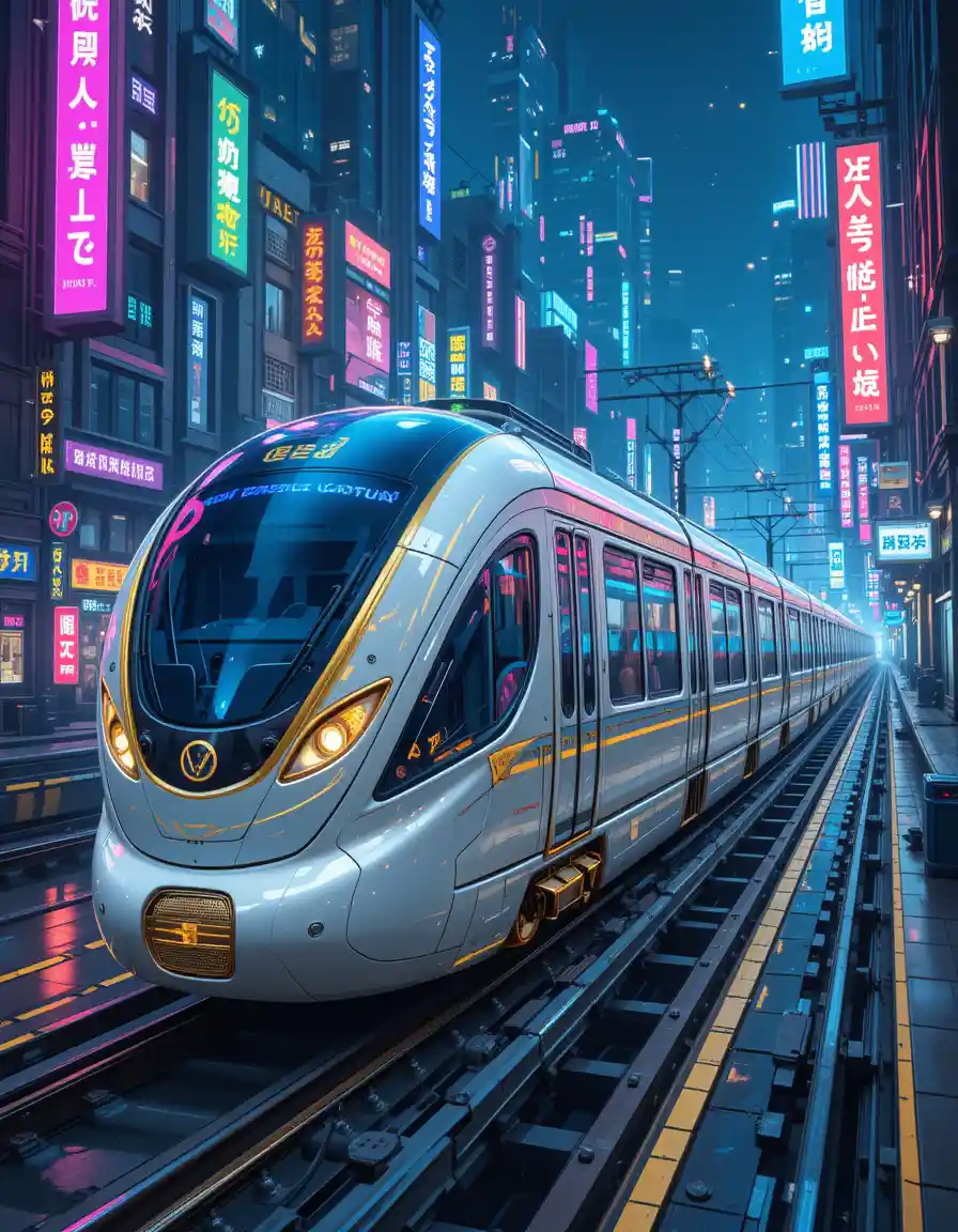Futuristic White And Blue Monorail In Neon Cyberpunk City
