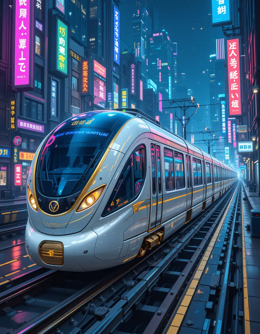 Futuristic White And Blue Monorail In Neon Cyberpunk City