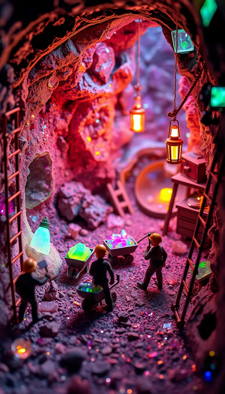 Tiny Miners Working Inside A Glittering Crystal Cave