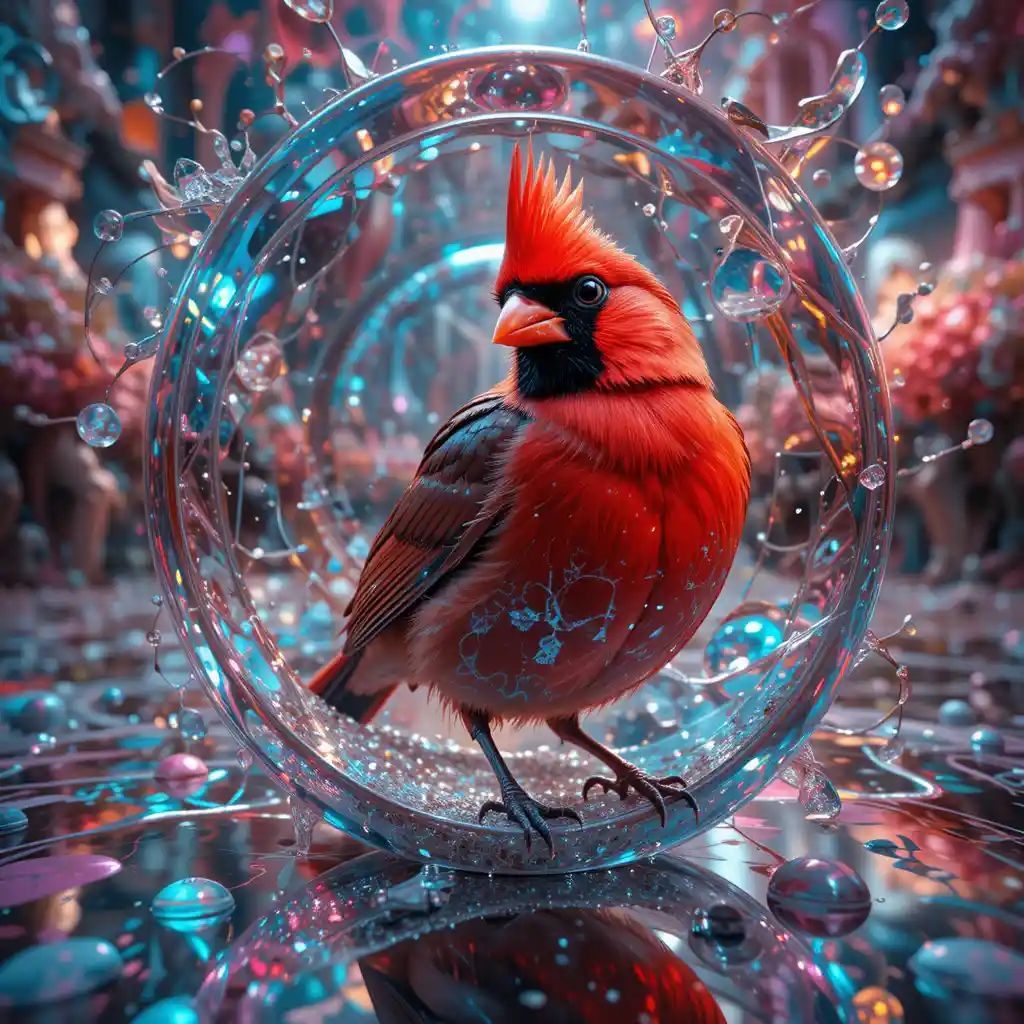 Surreal cardinal suspended in shifting abstract illusion
