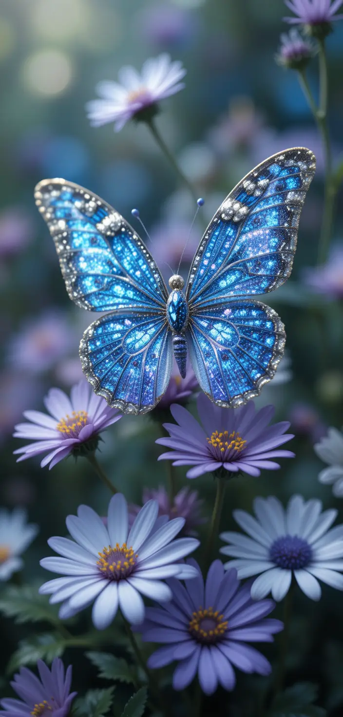 Porcelain butterfly with blue asters and daisies