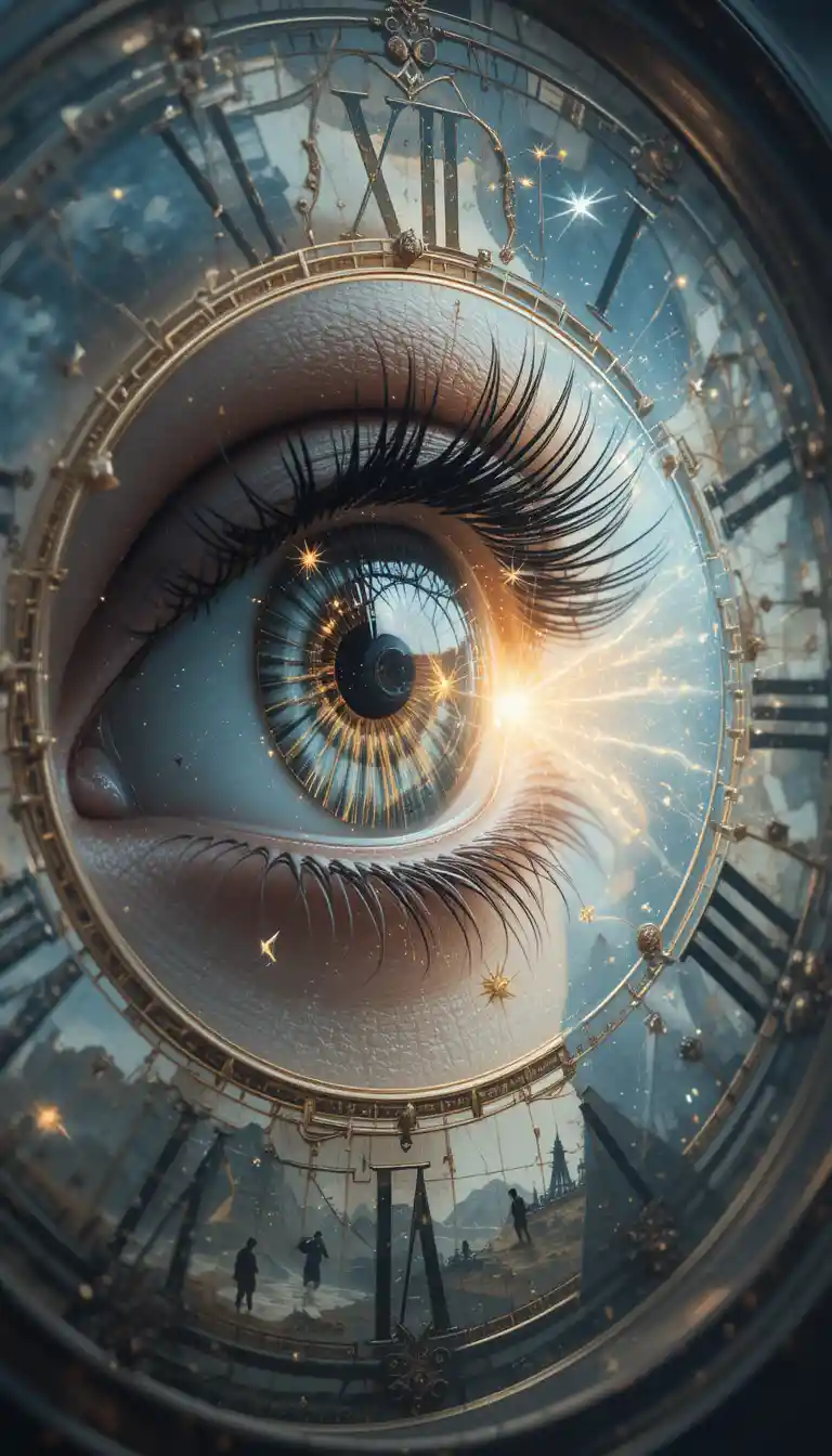 Surreal eye framed by a fragmented clock face