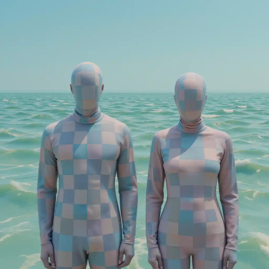 Surreal couple before an endless checkerboard ocean